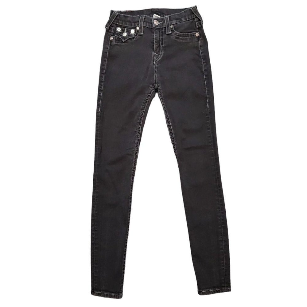 True Religion Super Skinny 28 (Meas 24x27.5 9.5" Mid Rise) Black Flap Jeans A20